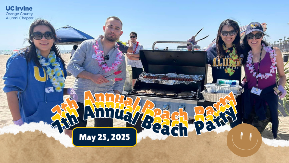 people on beach with curved text overlay