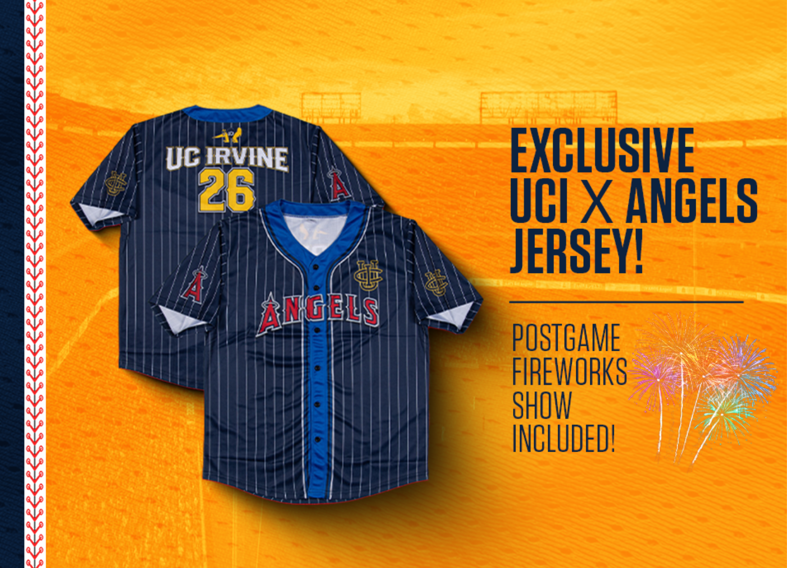 Promotional graphic featuring a co-branded UC Irvine and Angels baseball jersey, with text advertising an exclusive jersey giveaway and postgame fireworks.