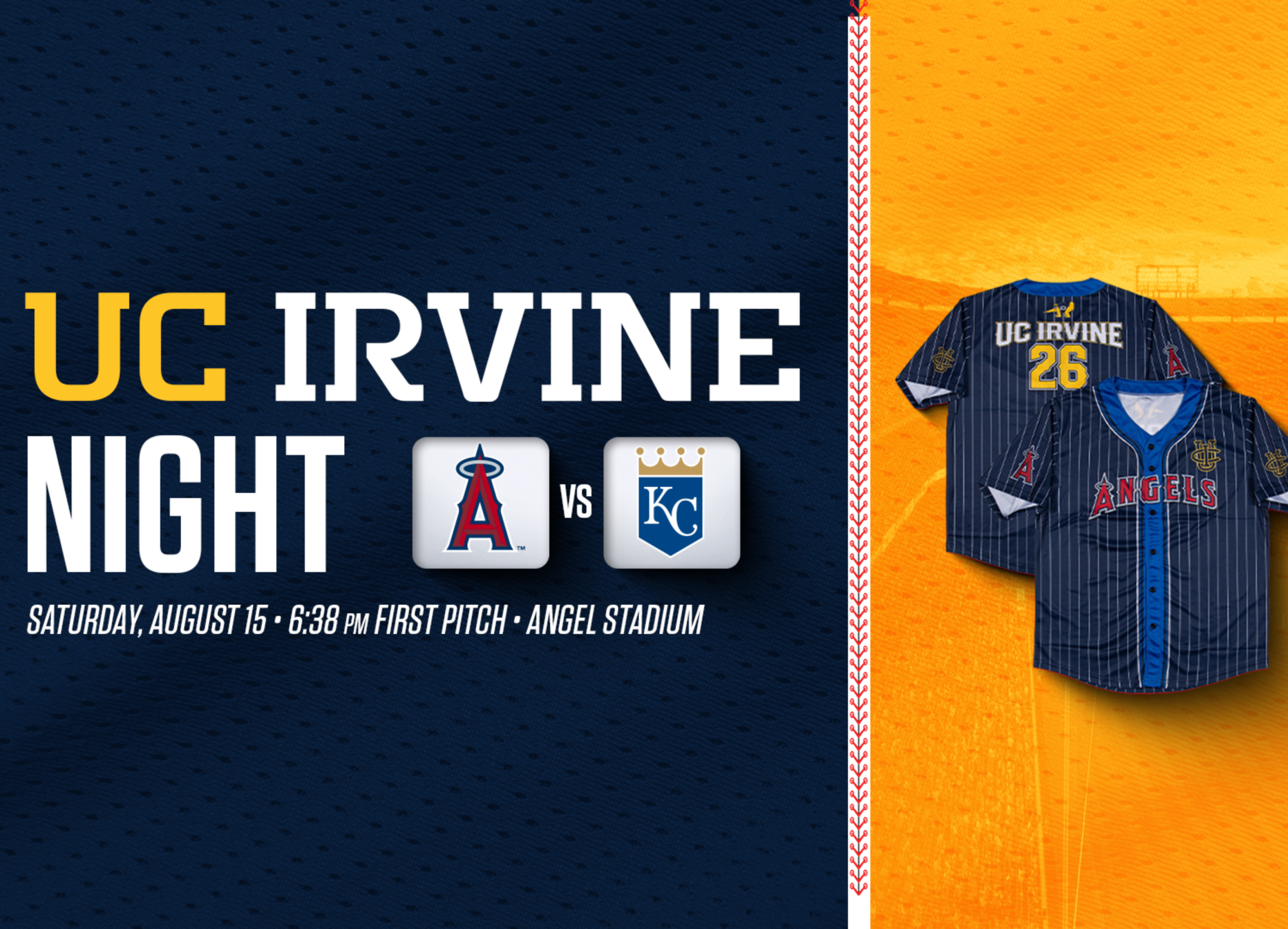 Graphic promoting UC Irvine Night featuring a baseball game between the Angels and Royals on Saturday, August 15 at Angel Stadium.