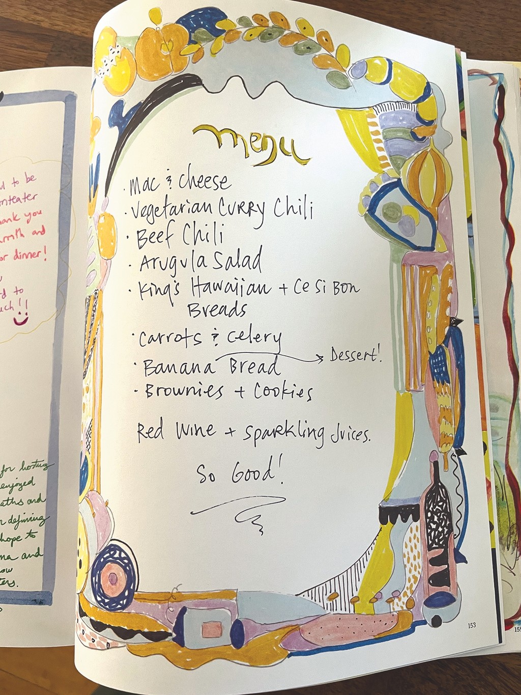 Handwritten dinner menu