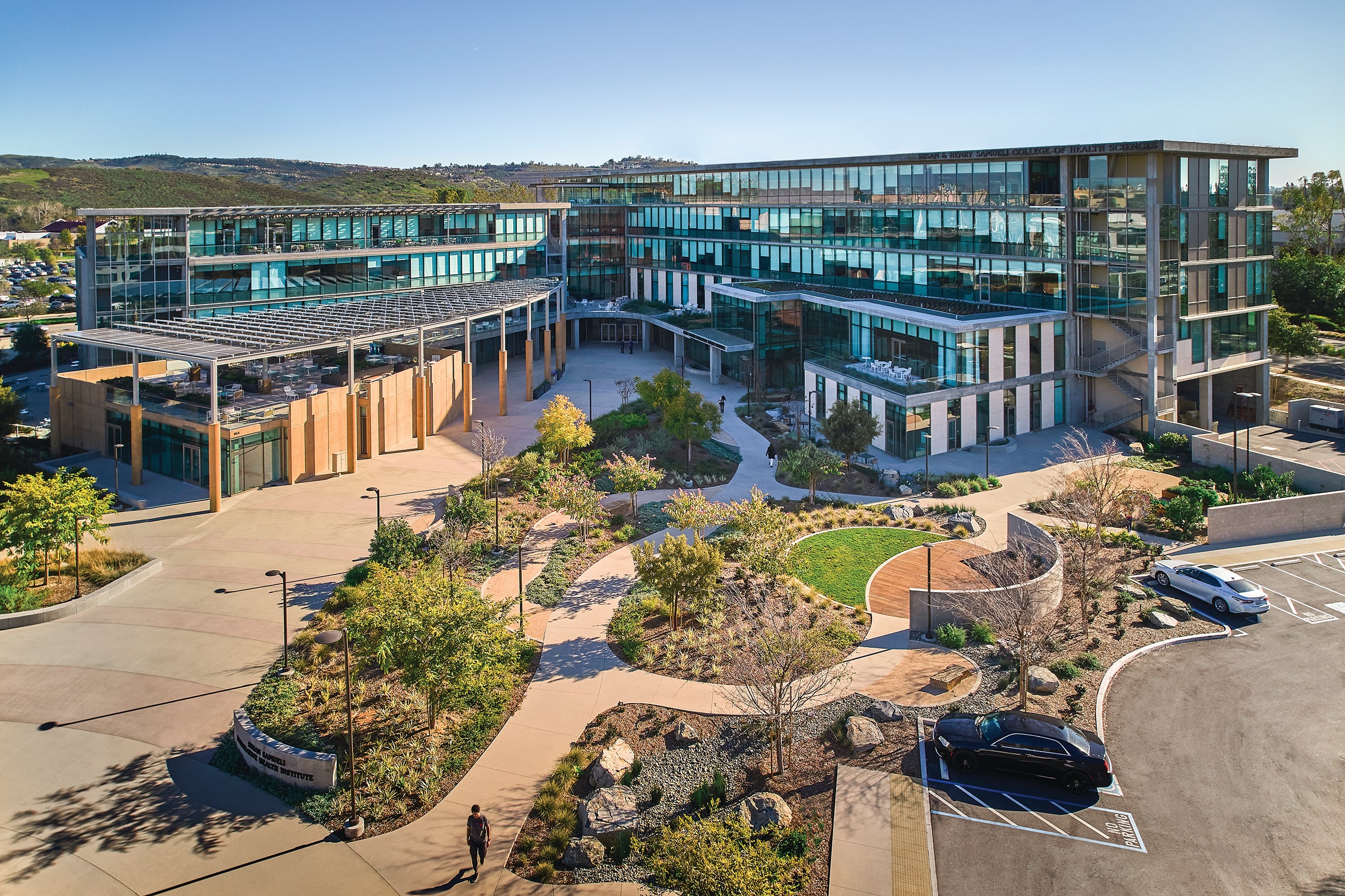 2022: Susan & Henry Samueli College of Health Sciences – Located at California and Bison avenues, the landmark 9-acre health sciences complex is home to the Joe C. Wen School of Population & Public Health, the School of Pharmacy & Pharmaceutical Sciences and the Susan Samueli Integrative Health Institute. This five-story building contains research areas, instructional spaces, student support facilities and other sites devoted to integrative health practices.
