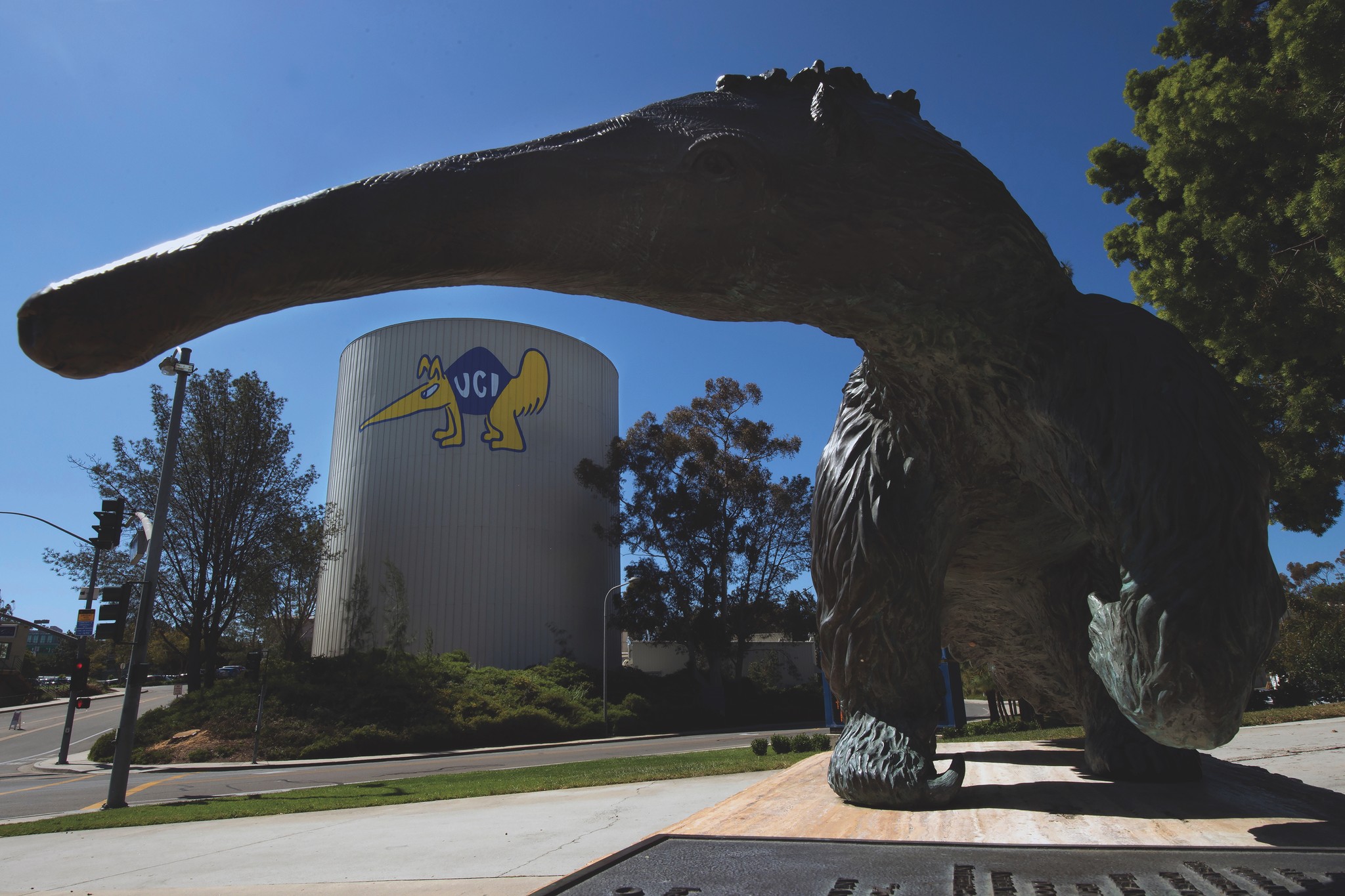 Above the intersection of Mesa Road and West Peltason Drive, you’ll find a massive thermal storage tank with an accordingly massive Johnny Hart anteater painted on it. Just across the street, on the walkway to the Bren Events Center, stands an almost true-to-size bronze anteater by sculptor Billy Fitzgerald that was a gift from the Class of 1987. And there’s also an anteater silhouette on all four street signs at the intersection, as well as on nearly every street sign on campus.