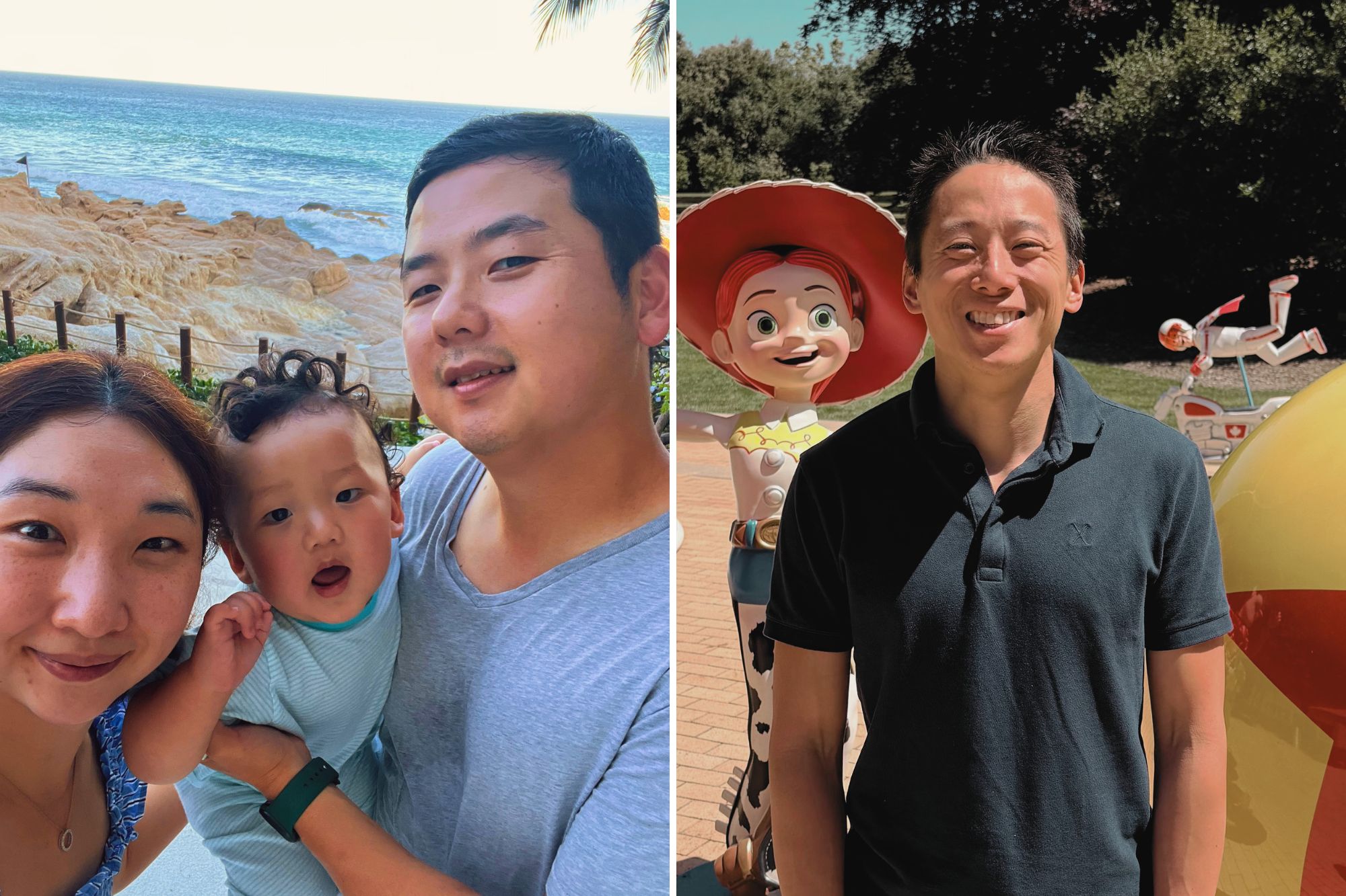 A split screen of two alumni, the one on the left poses with his wife and baby on a beach; on the right, alum poses with Toy Story characters.