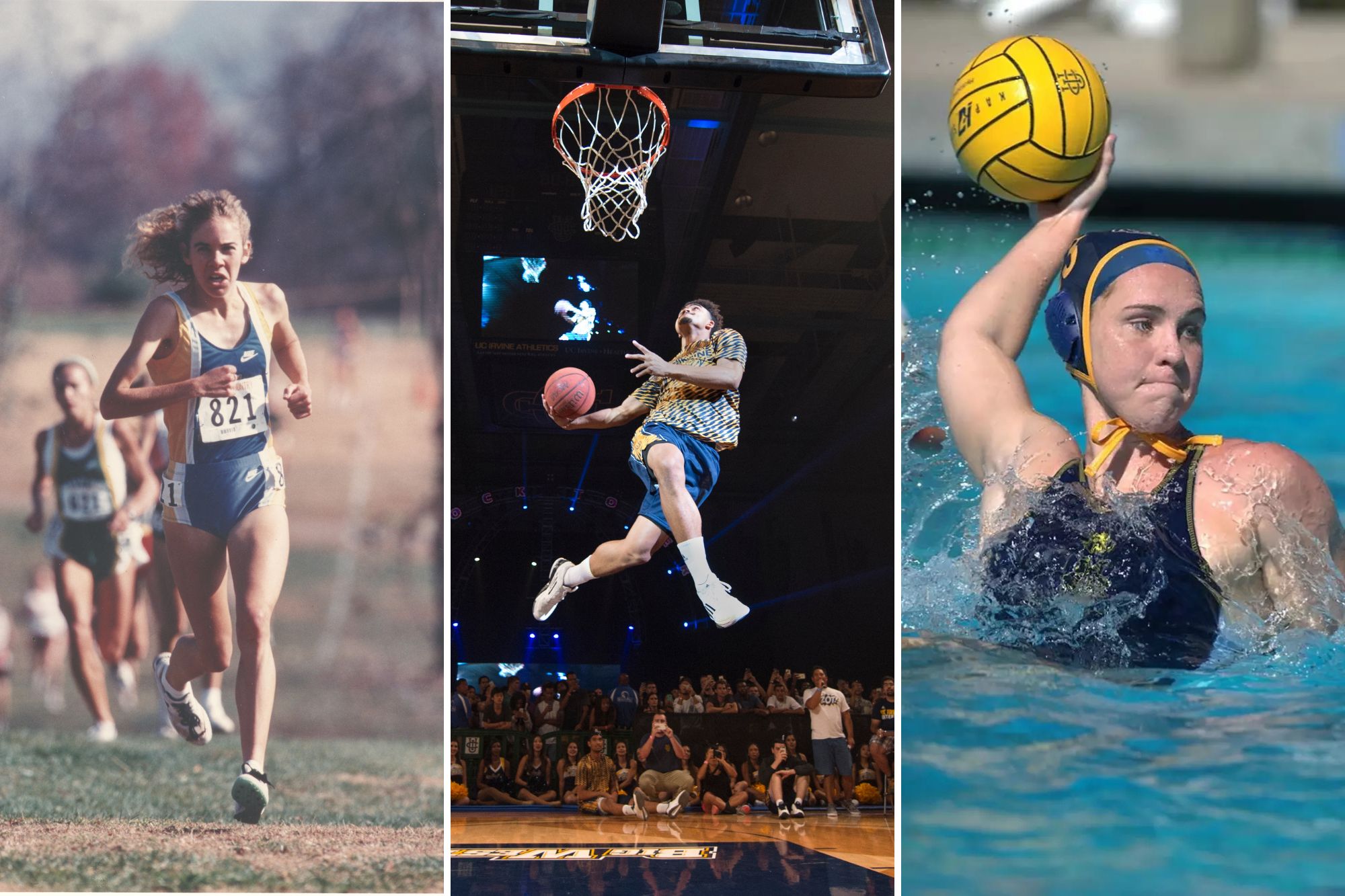 A triptych of three athletes including, from left to right, a cross country runner, a basketball player jumping up to dunk a ball in a hoop, and a water polo player poised to throw a ball.