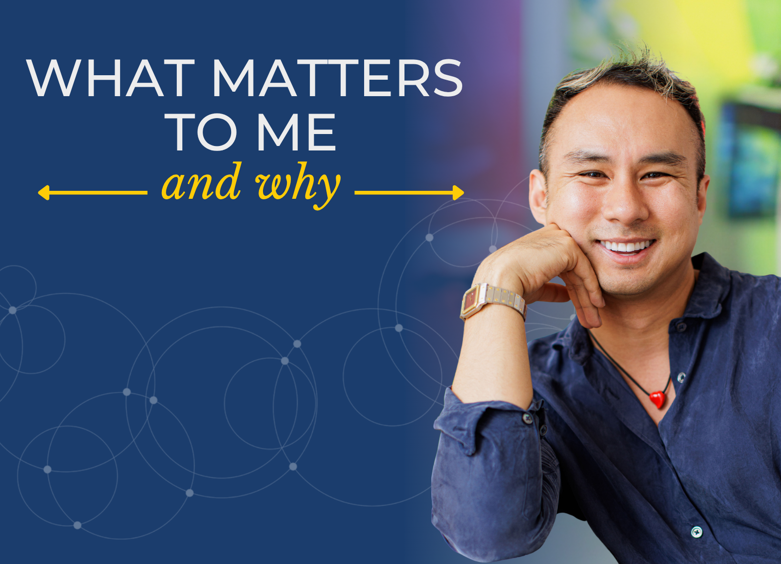 Promotional graphic with the text “WHAT MATTERS TO ME and why” on a blue background, featuring a seated person on the right side and yellow arrows pointing outward from the words “and why.”