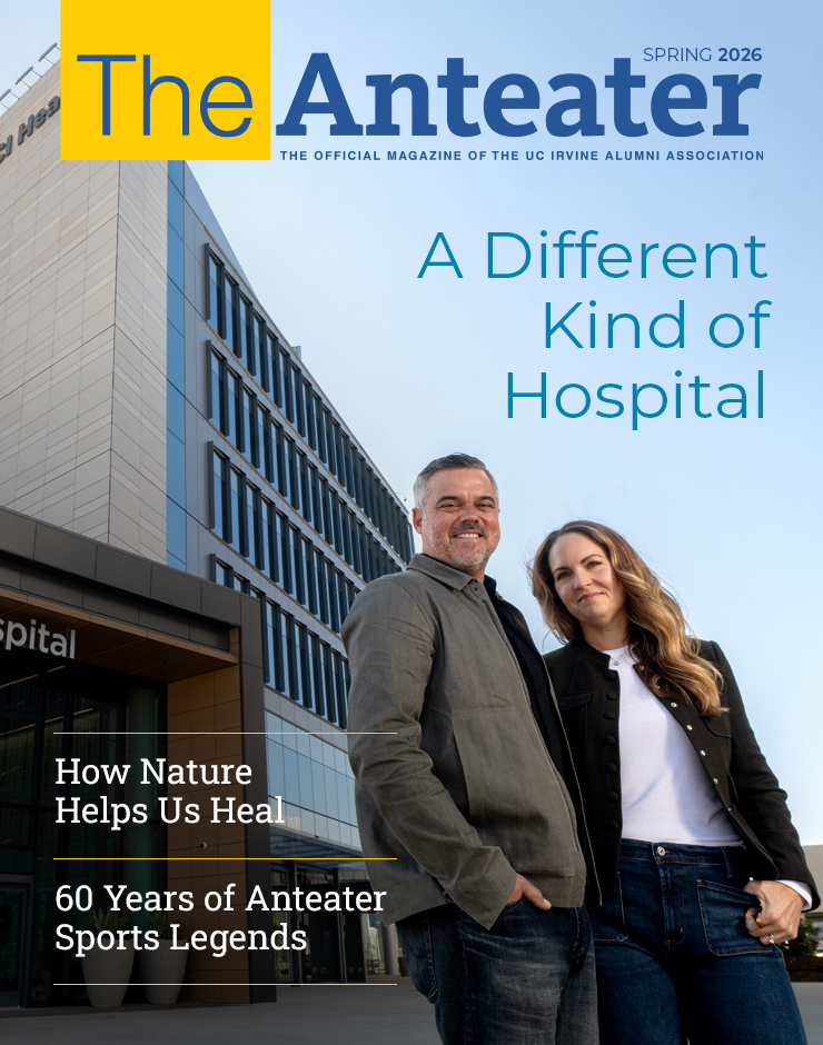 Cover of The Anteater Spring 2026 magazine featuring two people standing outside a modern hospital building. Cover lines read “A Different Kind of Hospital,” “How Nature Helps Us Heal,” and “60 Years of Anteater Sports Legends.”