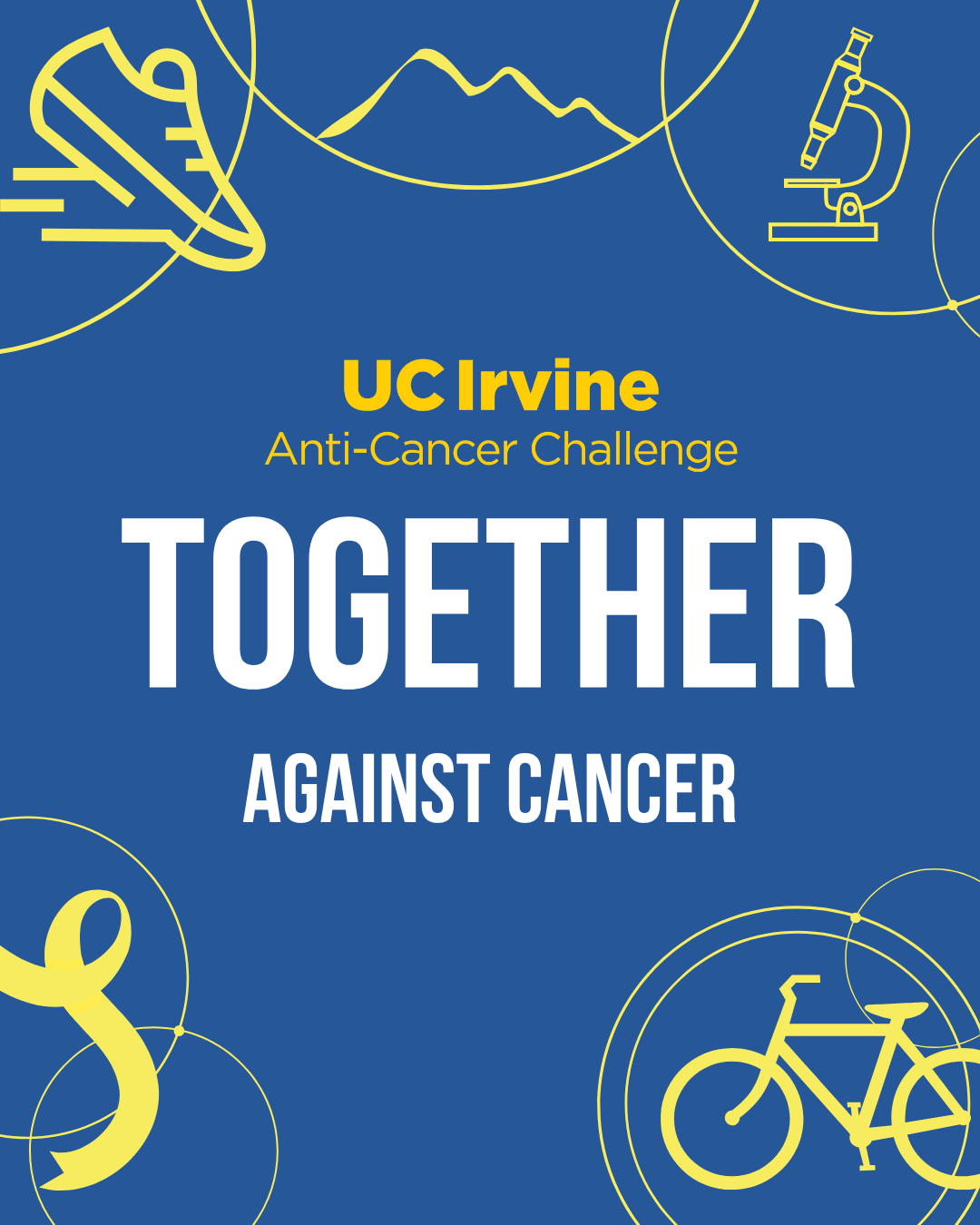 Promotional graphic for the UC Irvine Anti-Cancer Challenge featuring the slogan 'Together Against Cancer' in large white and yellow text on a blue background, surrounded by illustrations of a running shoe, mountains, microscope, awareness ribbon, and bicycle.