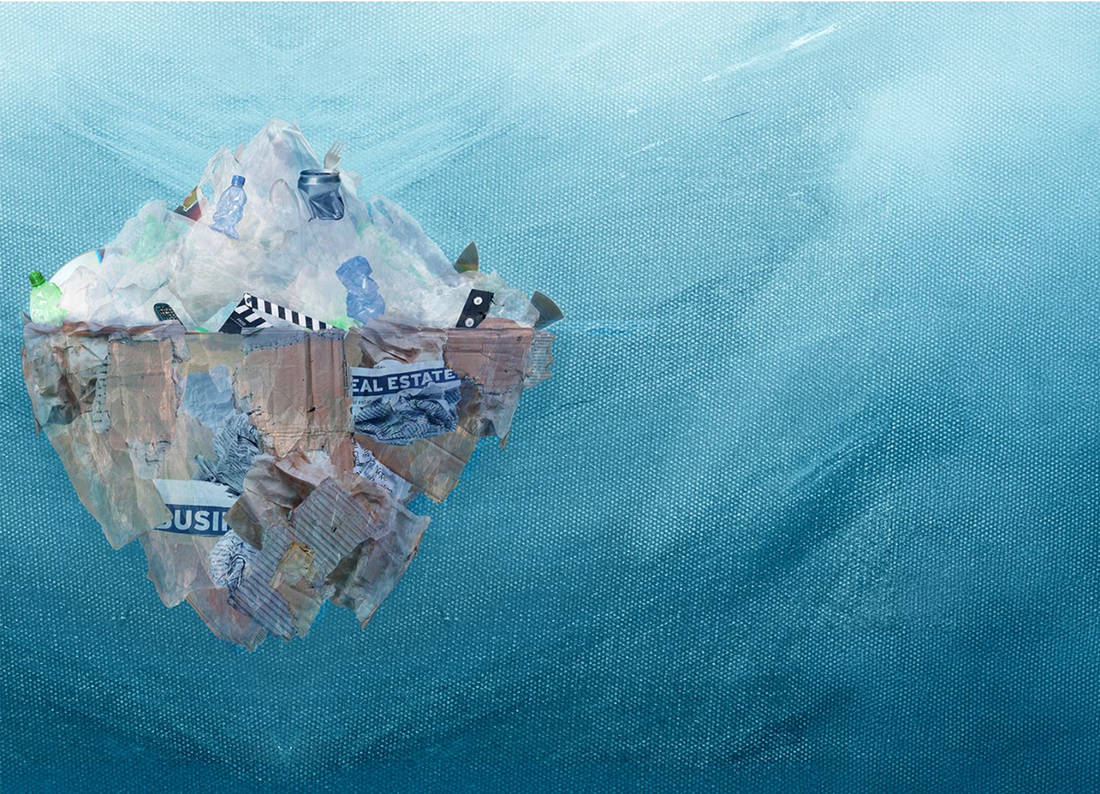 Illustration of a floating mass of plastic bags, bottles, paper, and other waste against a blue water-like background, resembling an iceberg or island of trash.