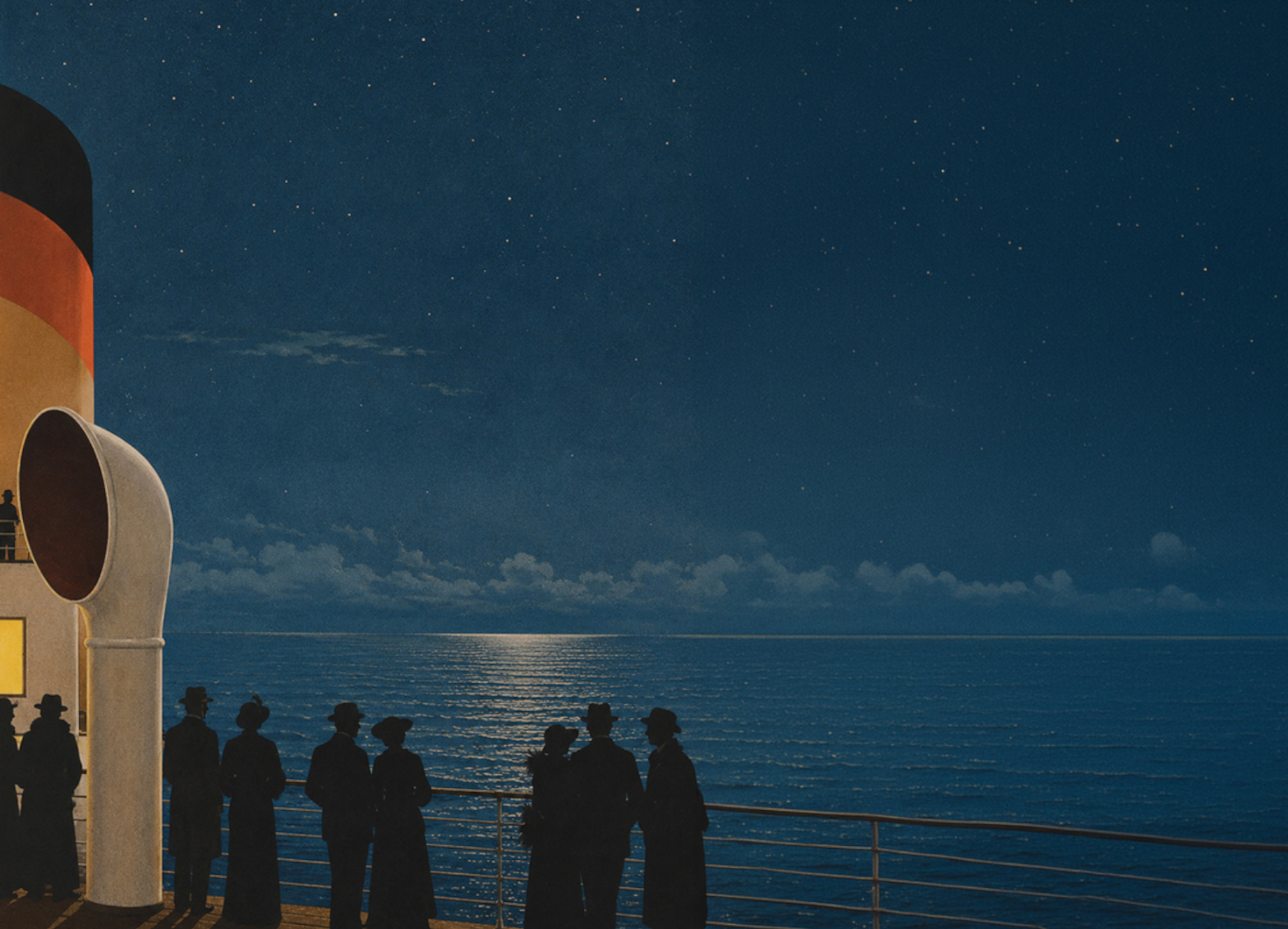 Passengers stand along the deck railing of an ocean liner at night, looking out over a moonlit sea beneath a star-filled sky.