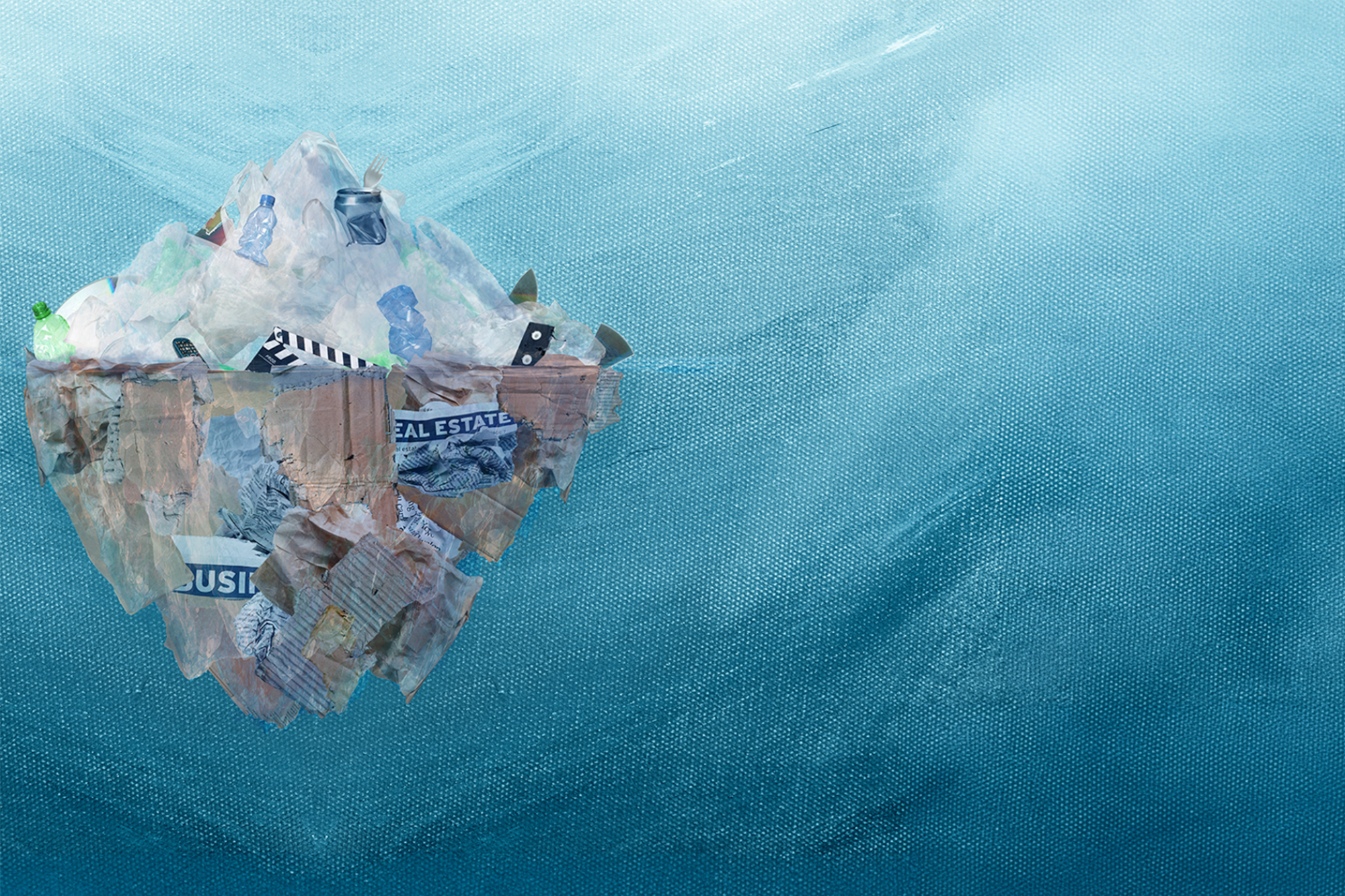 Illustration of a floating mass of plastic bags, bottles, paper, and other waste against a blue water-like background, resembling an iceberg or island of trash.