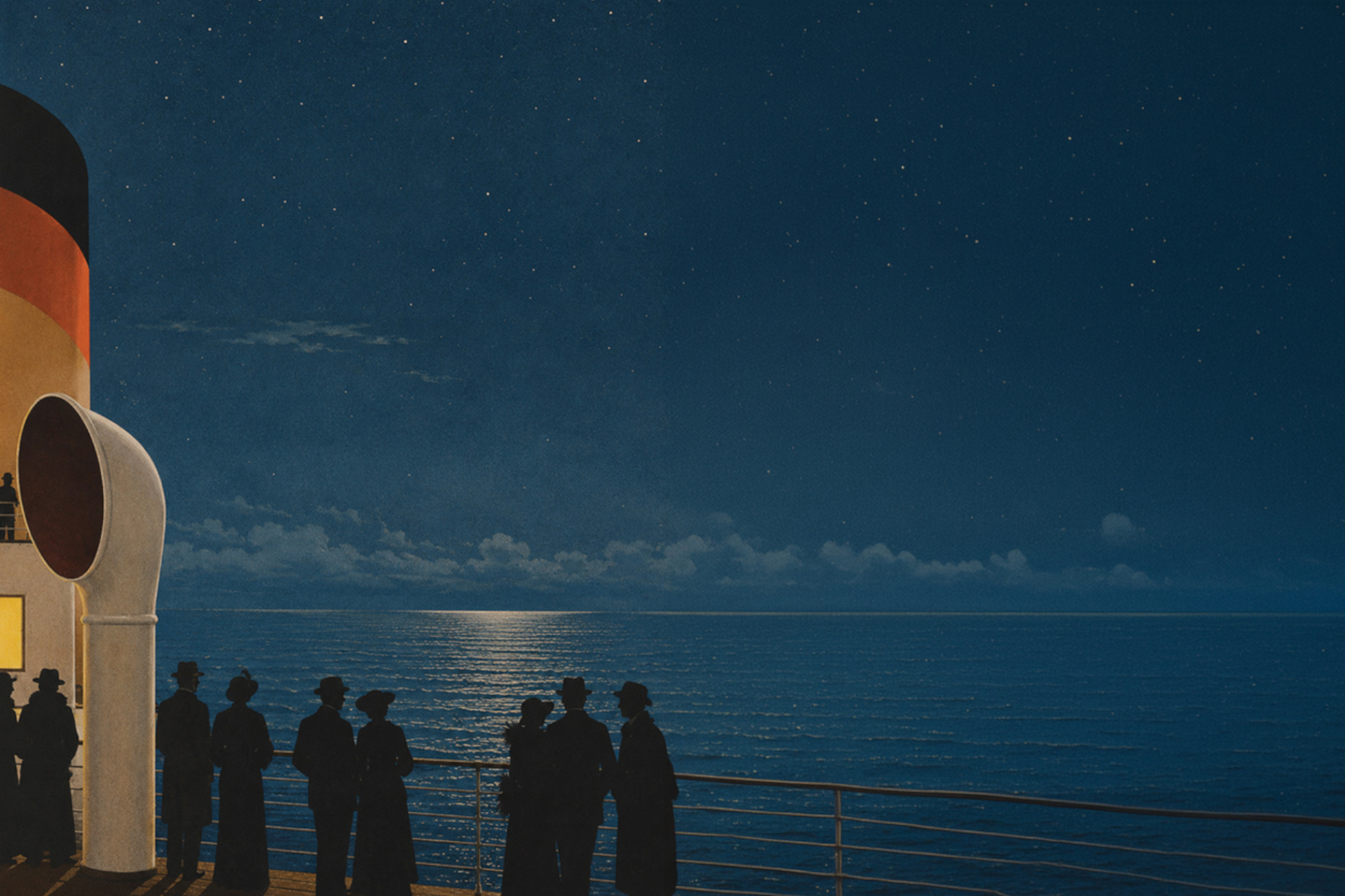 Passengers stand along the deck railing of an ocean liner at night, looking out over a moonlit sea beneath a star-filled sky.