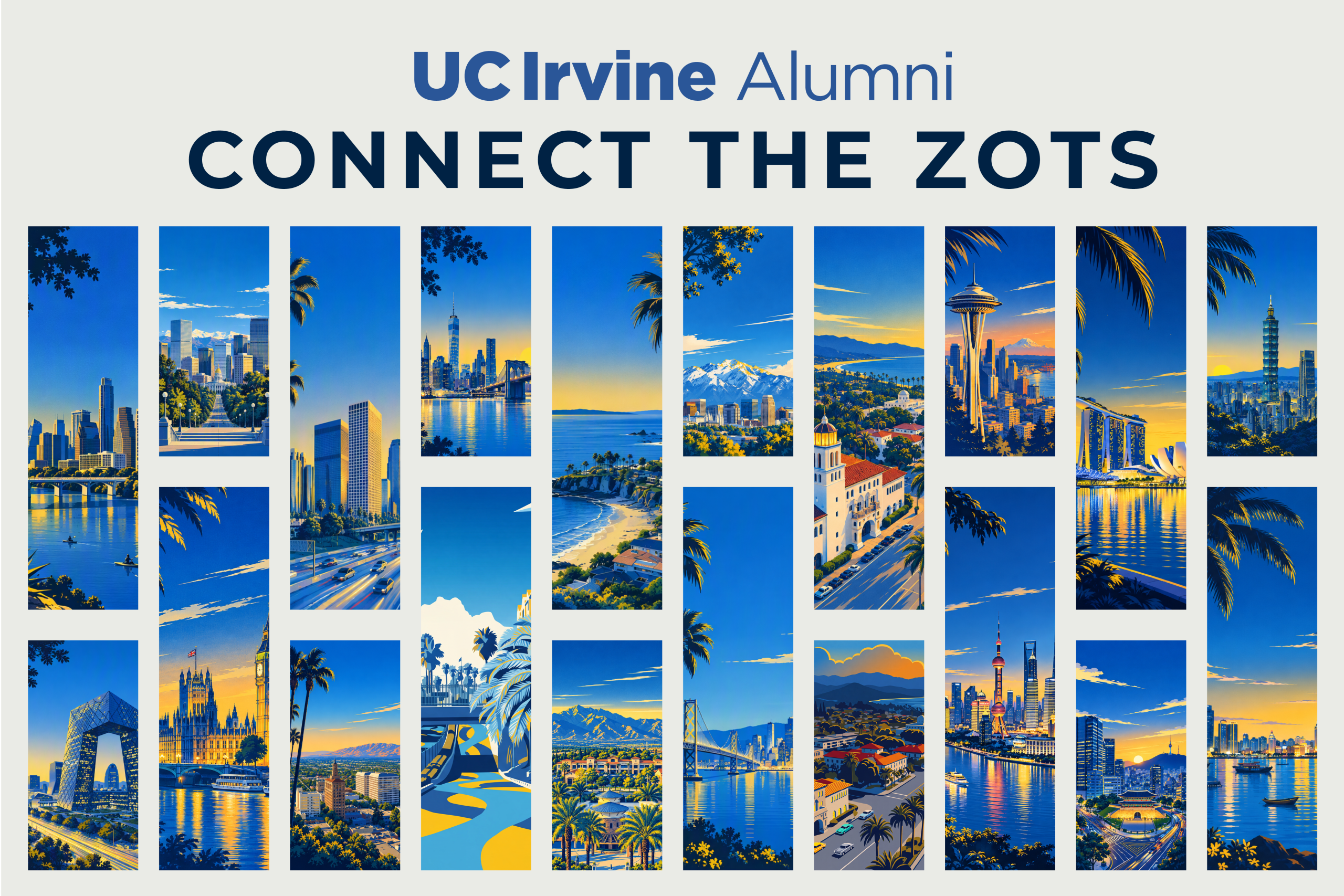 UC Irvine Alumni "Connect the Zots" graphic featuring the letters C-T-Z filled with illustrated skyline, beach, and landmark scenes from alumni destinations around the world.
