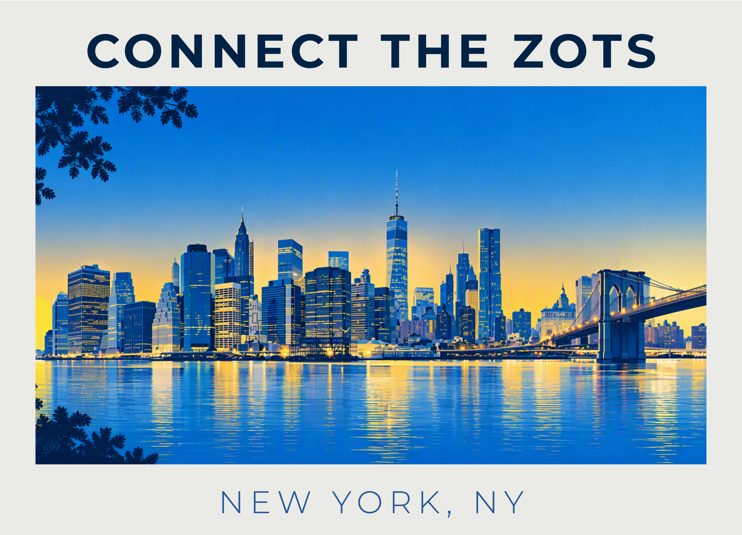 Promotional graphic for Connect the Zots in New York City featuring the Manhattan skyline and Brooklyn Bridge at dusk.