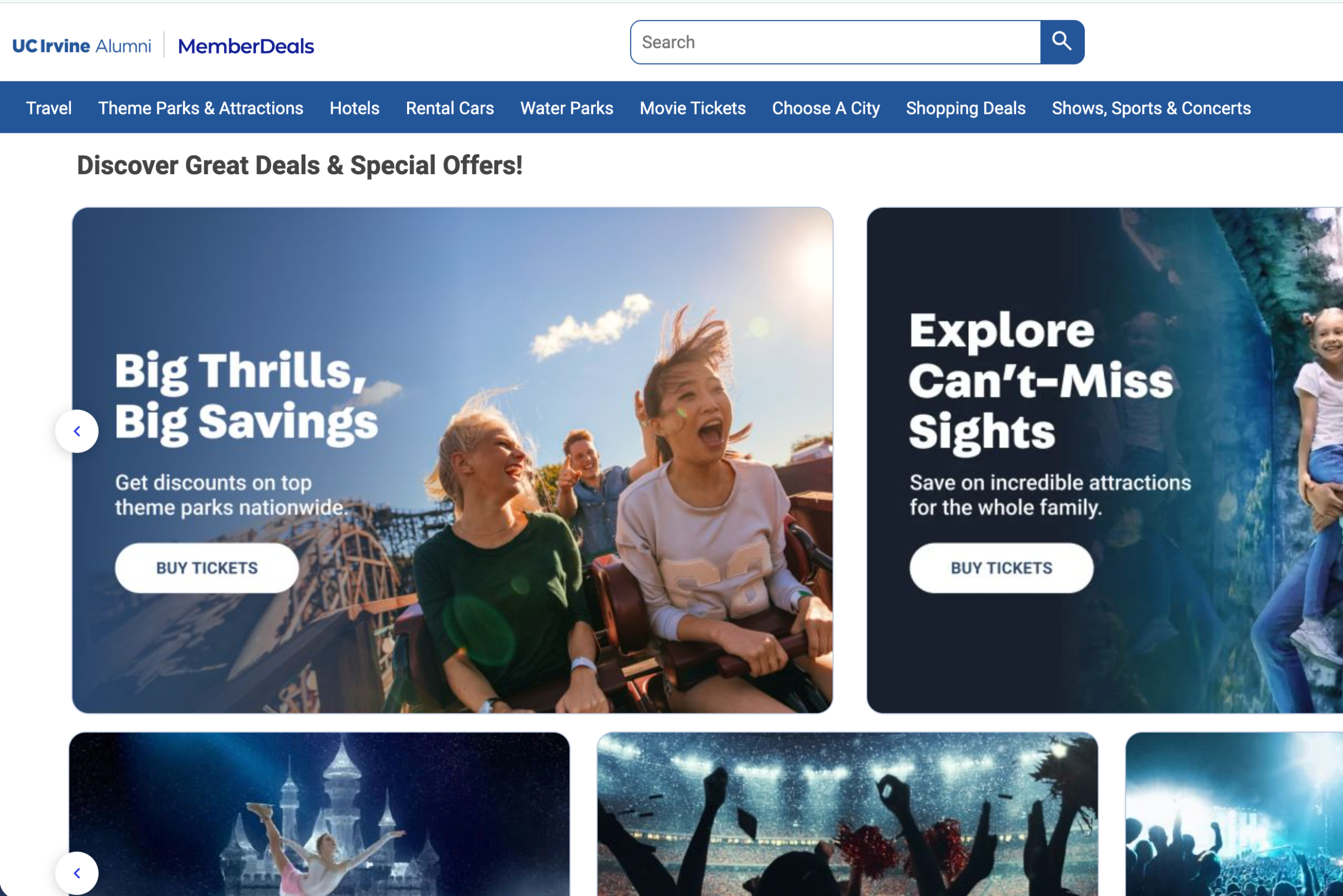 UC Irvine Alumni MemberDeals webpage featuring discounted travel, attractions, entertainment, and shopping offers.