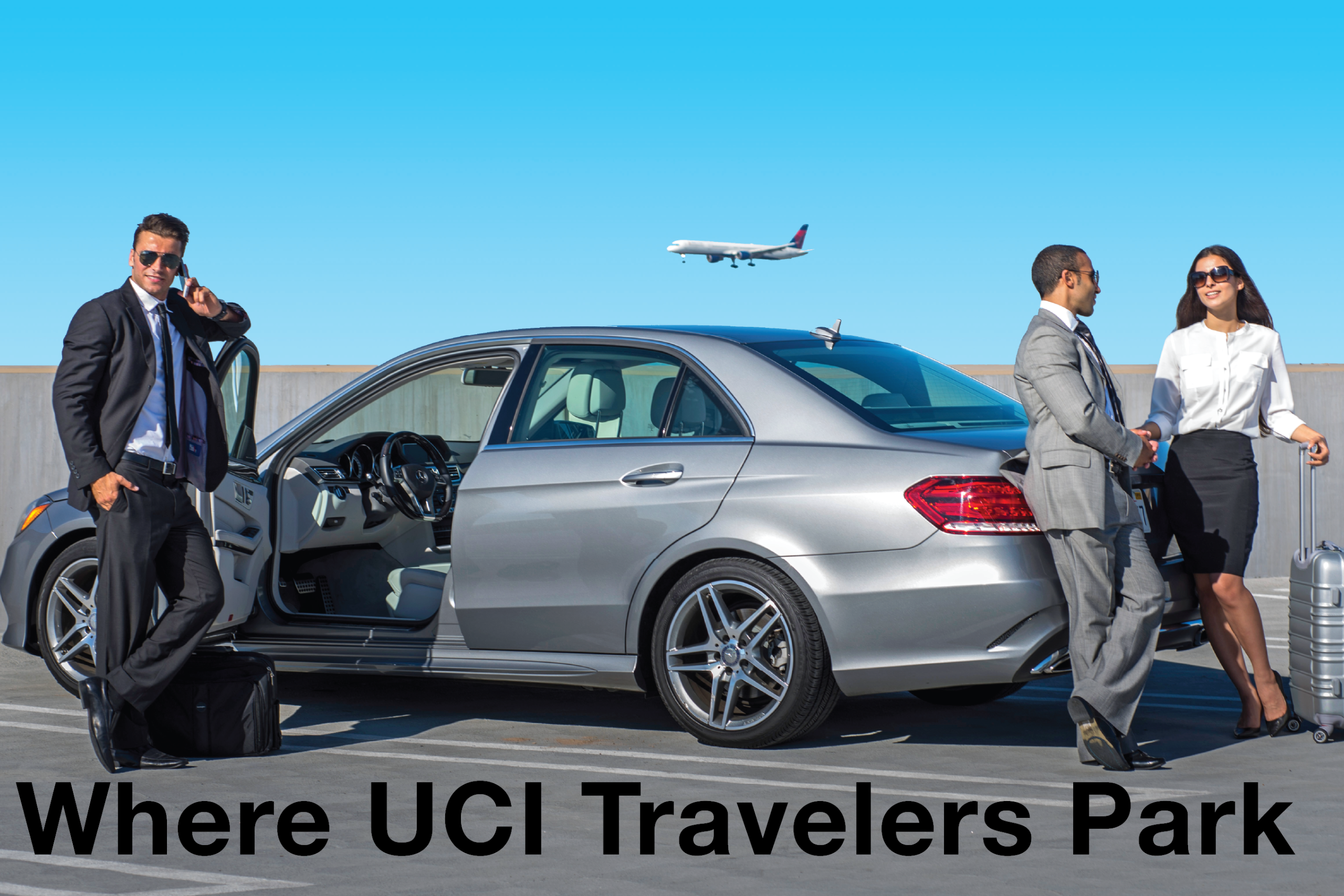 Travelers with luggage stand beside a car near an airport as an airplane approaches overhead.