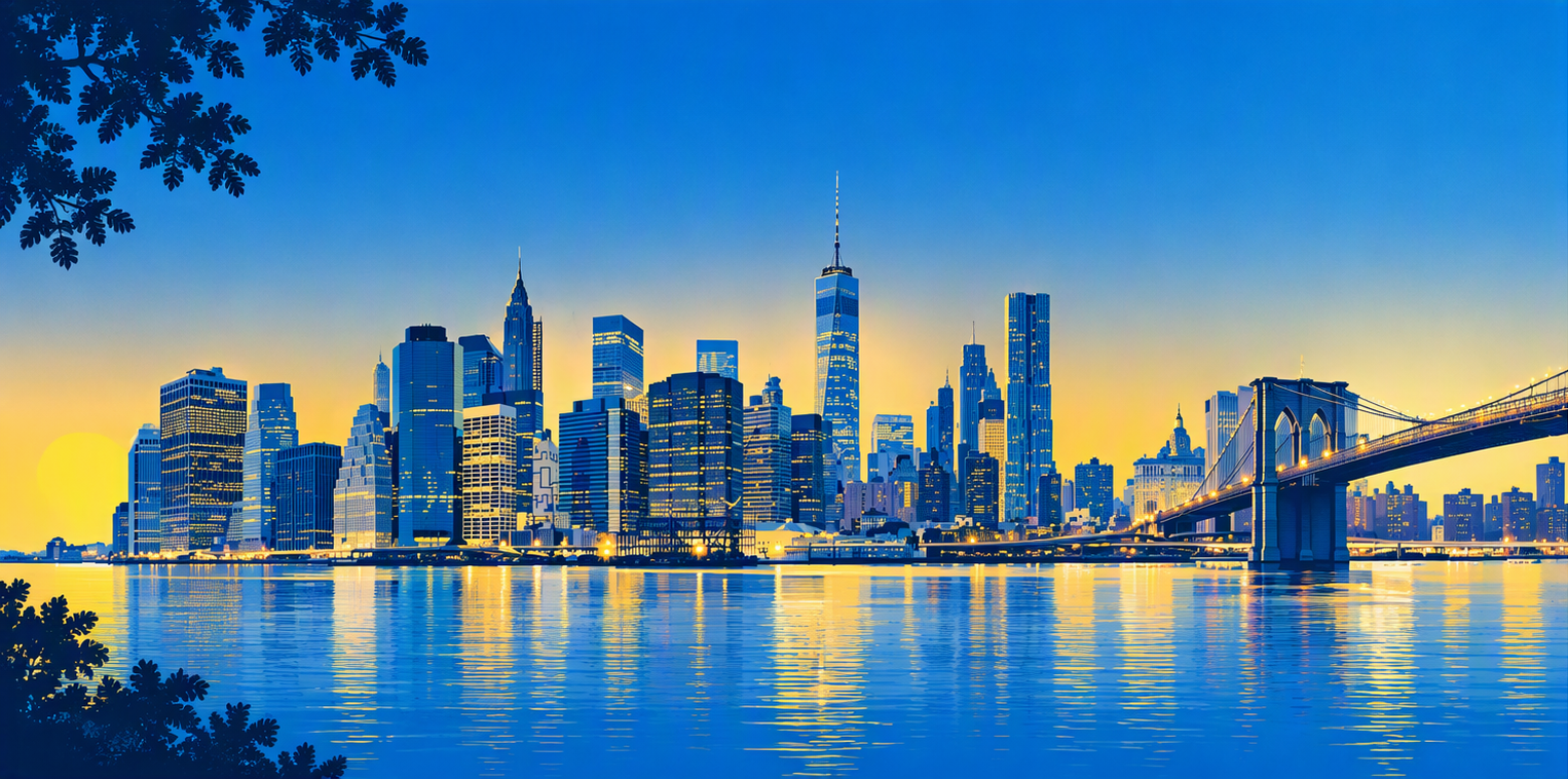 Promotional graphic for Connect the Zots in New York City featuring the Manhattan skyline and Brooklyn Bridge at dusk.